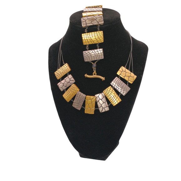 Chico's Gold & Silver Tone Animal Print Necklace/Bracelet with Leather Chain - Picture 11 of 13